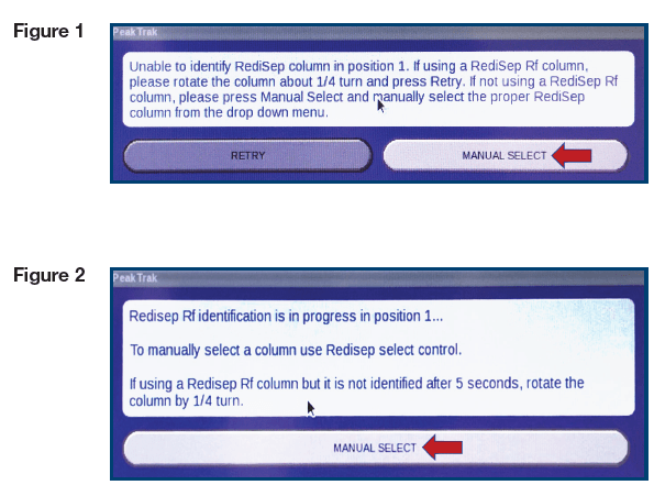 Messages that will pop up when installing your Claricep Flash column onto a CombiFlash Rf Instrument