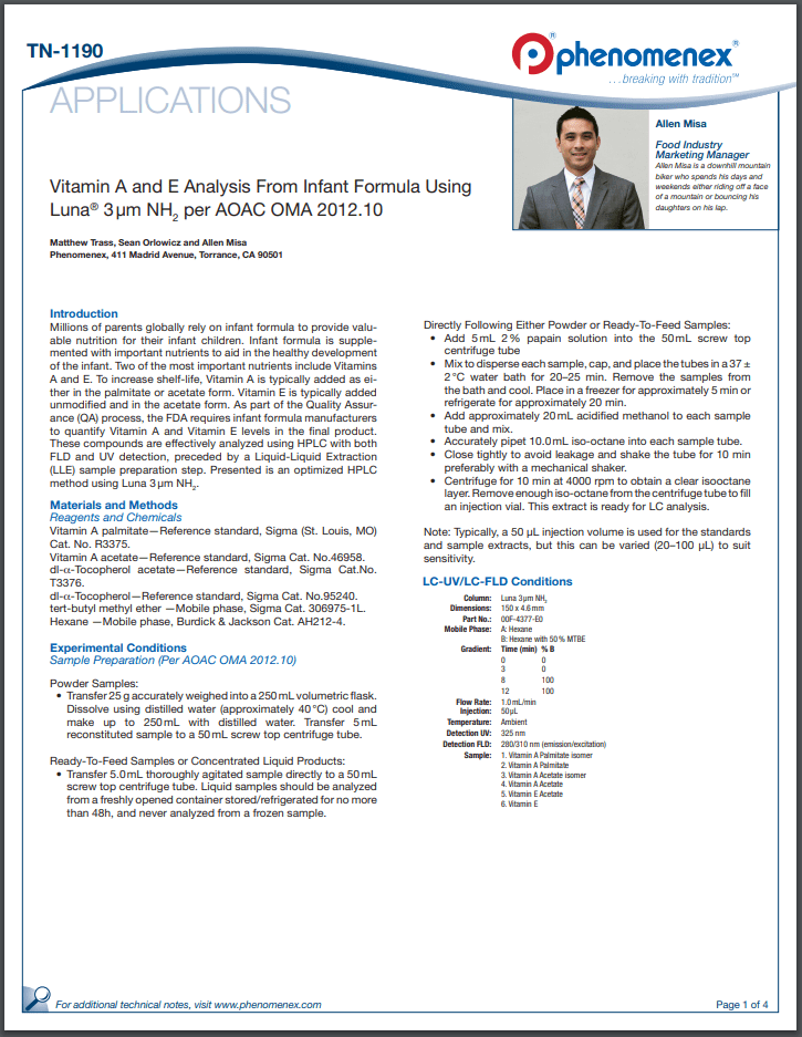 Testing method of Vitamin A and E analysis from infant formula which is similar to how to analyze vaping oils.